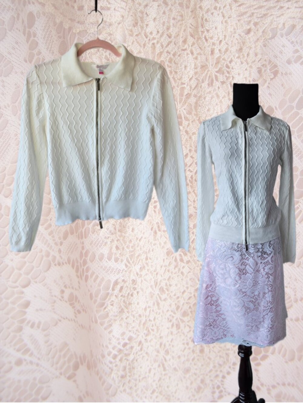 No Boundaries Cream Zig-Zag Knit Sweater Fold-over Collar Cottagecore